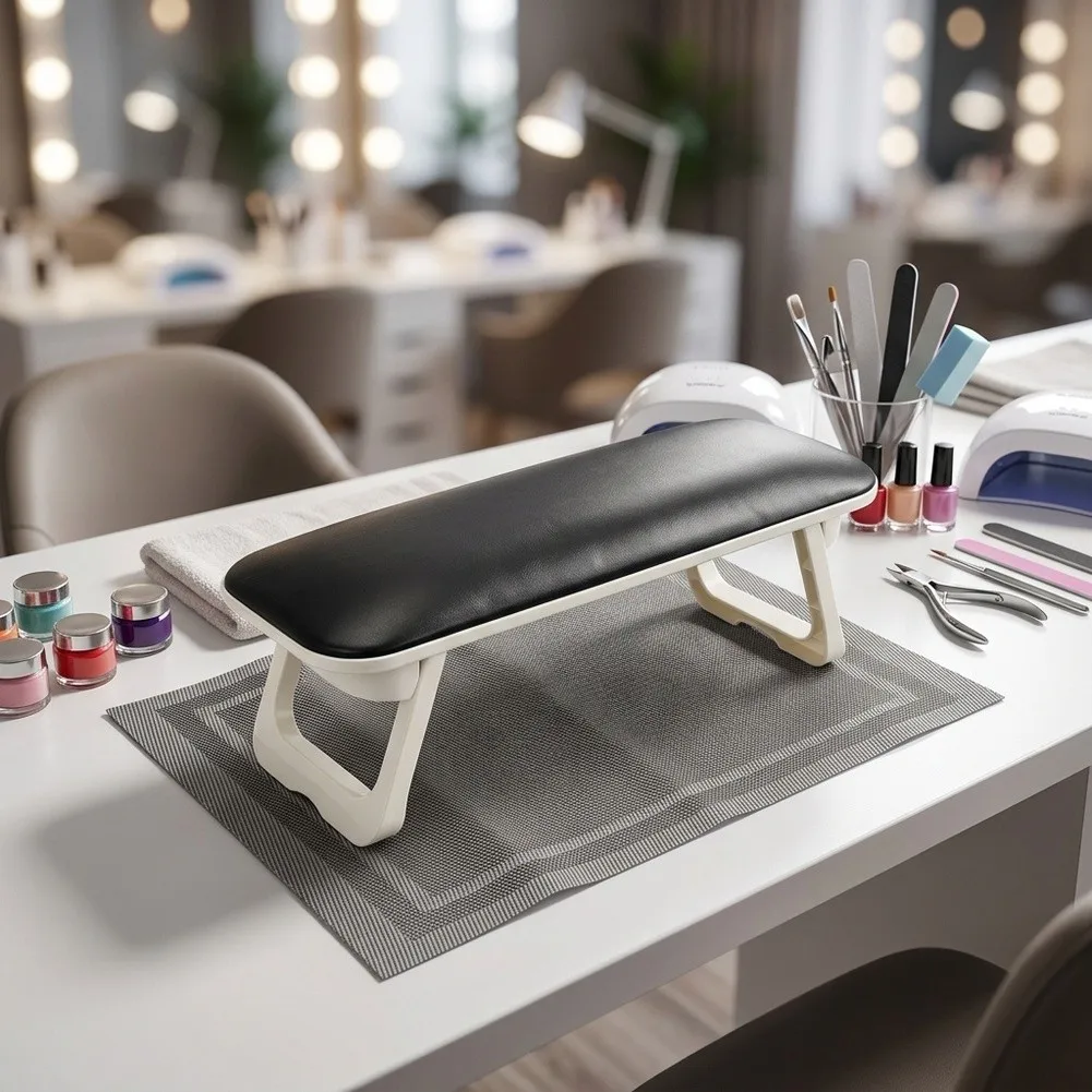 PU Leather Foldable Arm Rest for Nail Services with Bonus Manicure Mat Adjustable Height Fits Under UV Curing Lamps