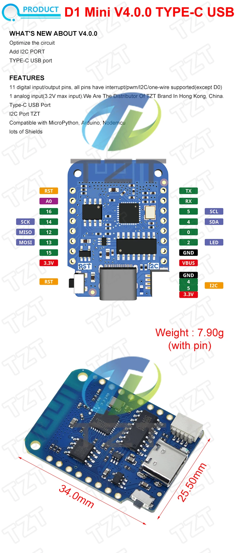 Tzt wemos d1 mini v4.0.0 TYPE-C usb wifi internet of things board basiert esp8266 4mb micro python nodemcu arduino kompatibel – Detail 1