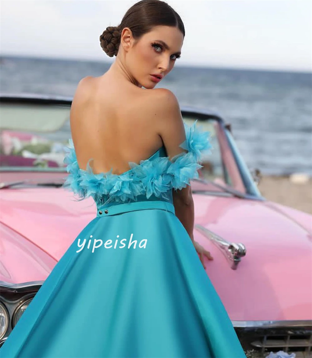 Satin Flower Ruched Quinceanera A-line Off-the-shoulder Bespoke Occasion Gown Long Dresses