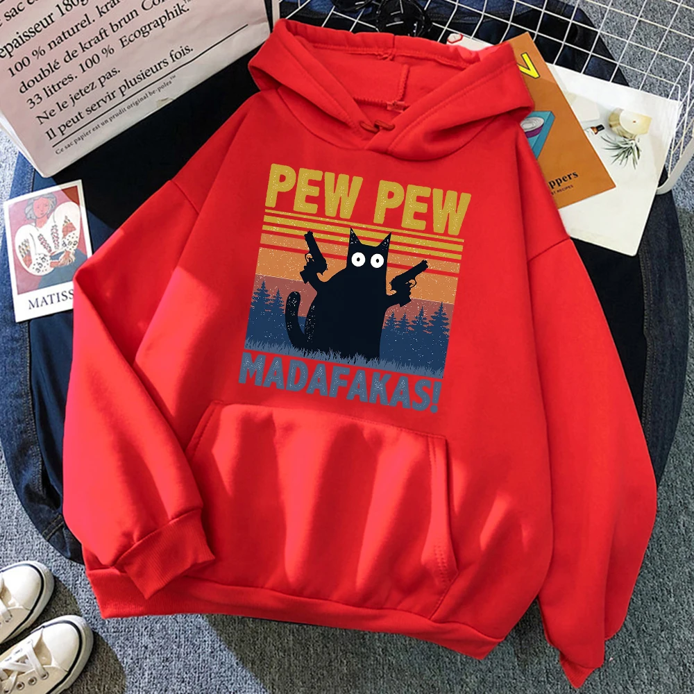 Cartoons Cat Pew Pew Madafakas Funny Women Hoodie Harajuku Oversize Clothing Crewneck Casual Hoody Breathable Fleece Hoodies