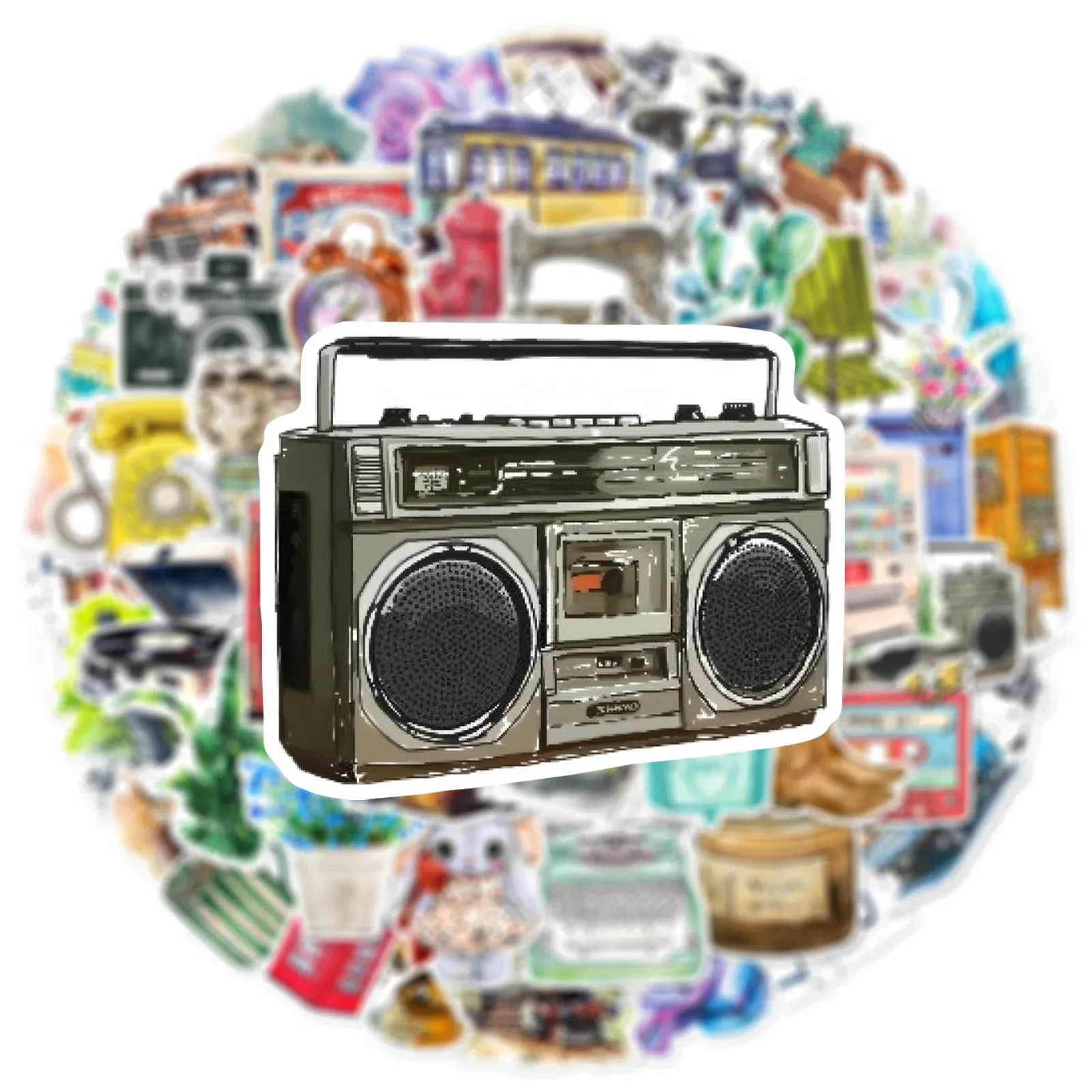 50pcs Watercolor Retro Old Objects Luggage Guitar Helmet Mobile Phone Case Notebook Waterproof Sticker