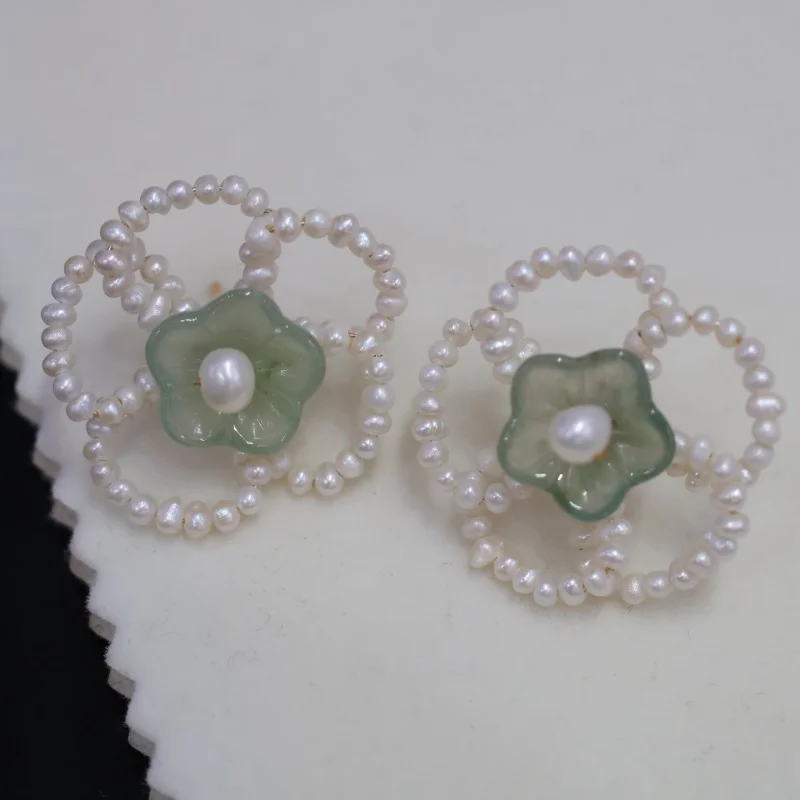 

Ювелирные изделия SGARIT, женские серьги из натурального зеленого нефрита с цветком, 14-каратное золото, серьги-гвоздики с пресноводным жемчугом, винтажный подарок с драгоценными камнями