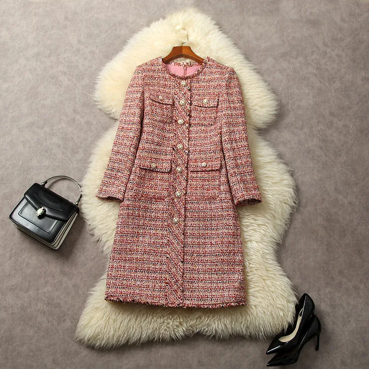 

European and American women's dress 2023 winter new Round neck Long sleeve single breasted exquisite buttons fashion Tweed dress