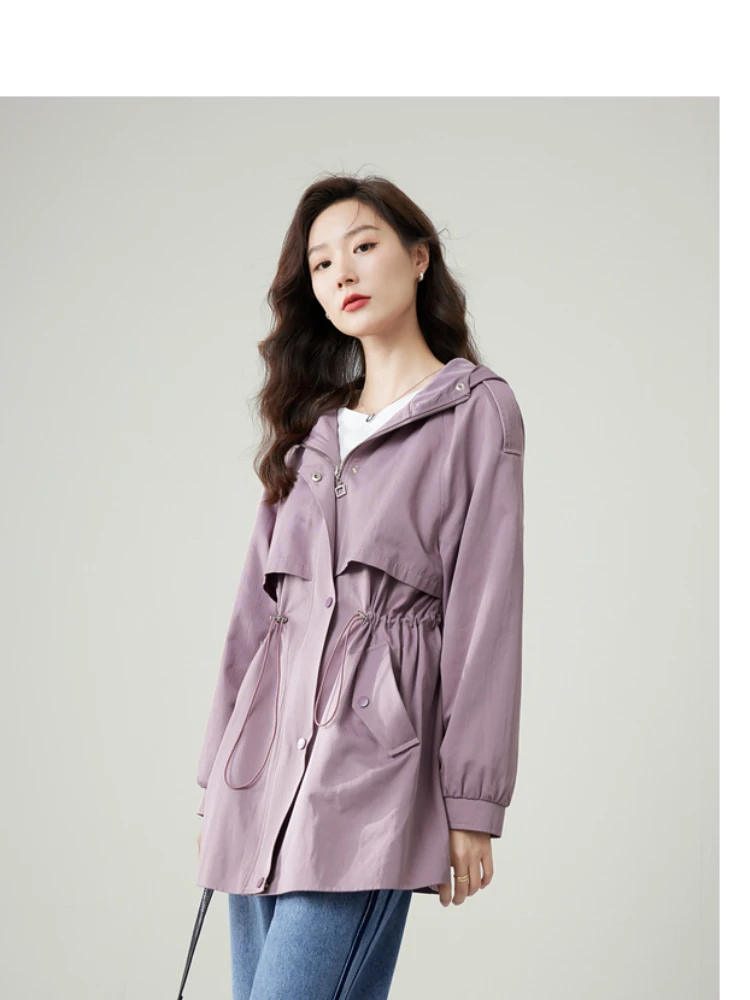 VIMLY Drawstring Waisted Long Trench Coat for Women 2023 Autumn New Cotton Blend Hooded Zipper Casual Jacket Coat Outwear M2817