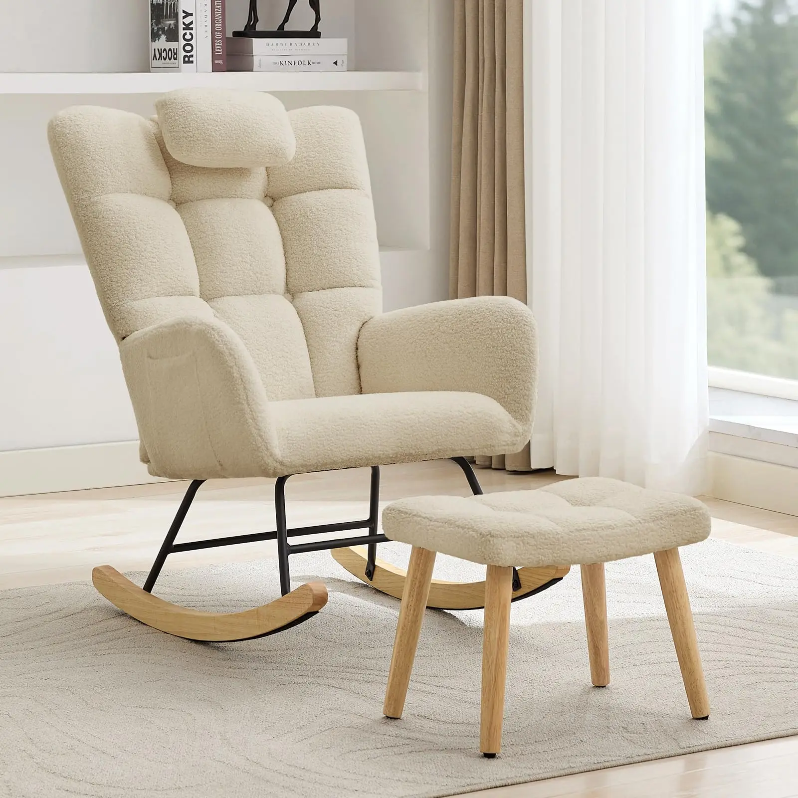 Ergonomic High Back Rocking Chair With Footstool Soft Cushion Glider Rocker Durable Steel Frame And Wooden Legs Non Slip For Living Room Nursery