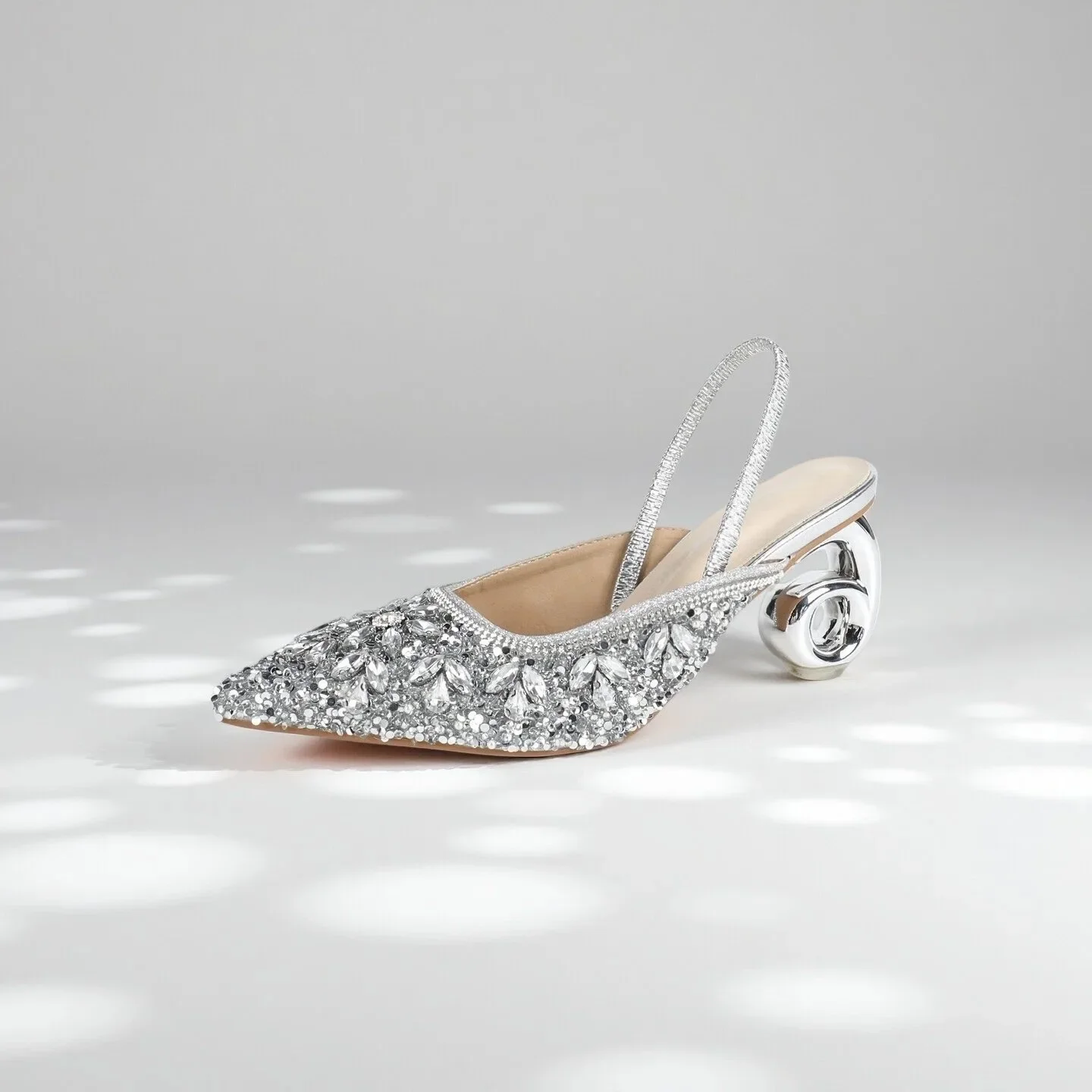 Ladies Silver Rhinestone Back Trip Strap Heels Unique Spiral Heel Crystal Trim Pointed Toe Height Increasing PU Slingback