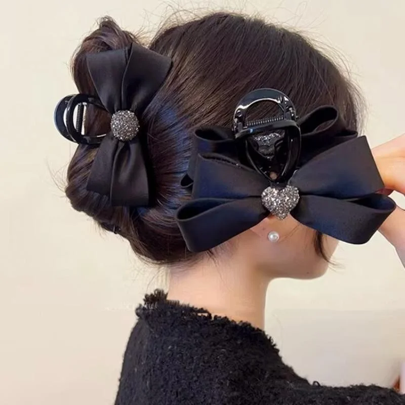 1/2pcs Rhinestone Love Black Fabric Bow Hair Clip for Woman Elegant Daily Wear Shark Clip Fashion Girl Hair Clamp