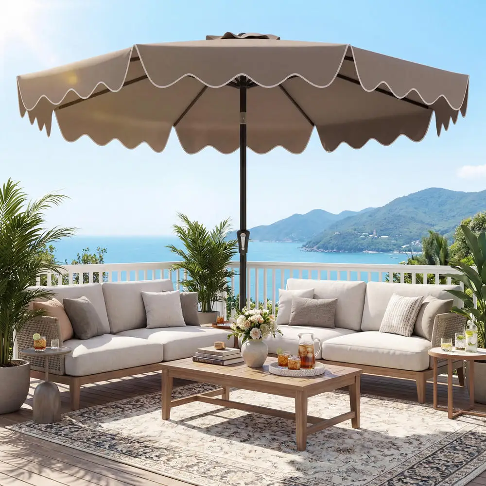 9Ft Patio Umbrella, Double Tier Polyester Canopy With Metal Ribs, Crank Tilt Mechanism, Includes Weighted Base And Sandbags For Outdoor Deck Pool Commercial Use, Brown
