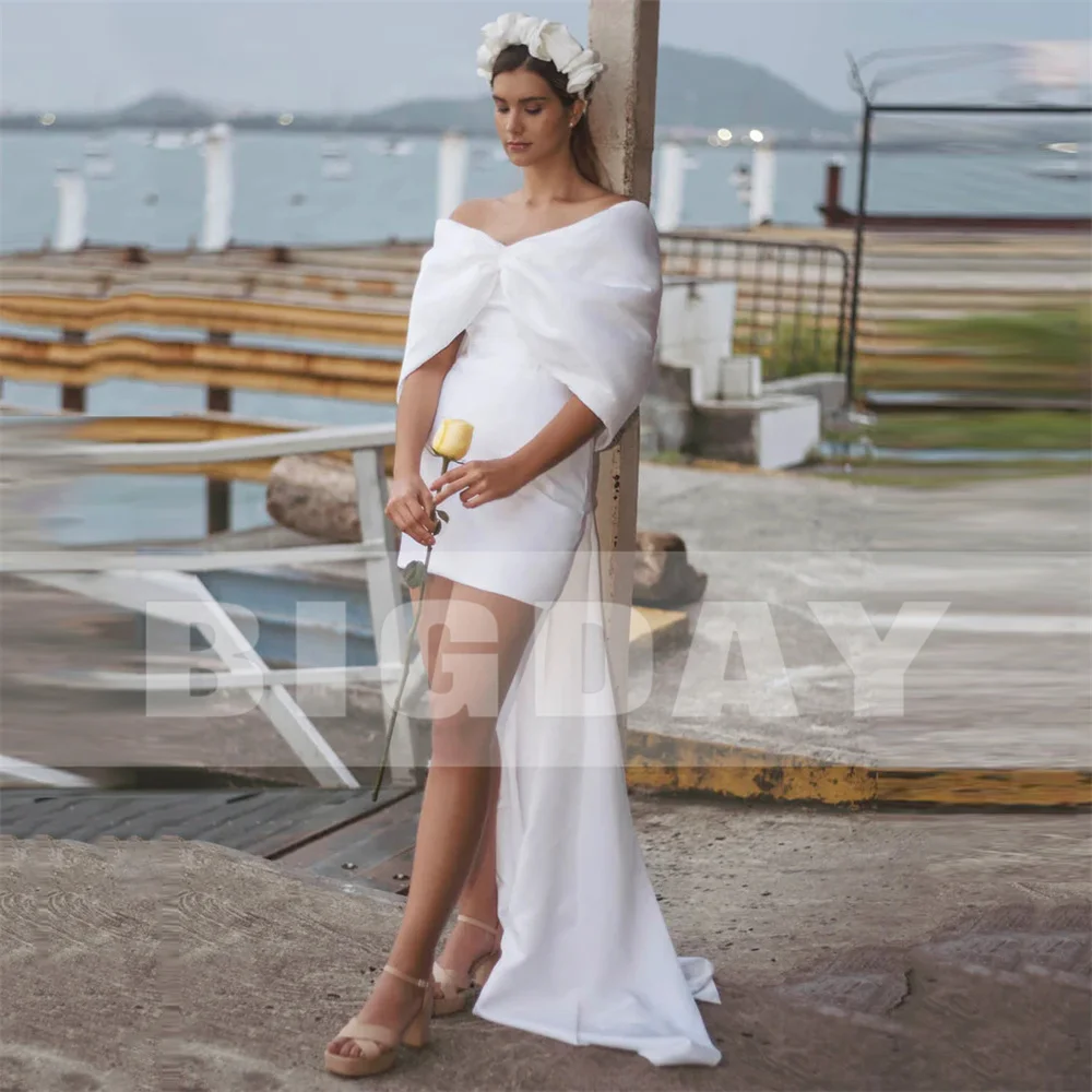 BIGDAY Vestido De novia corto con lazo De satén 2025 plisado con hombros descubiertos espalda abierta Vestido De novia con cuello en V Vestido De novia personalizado