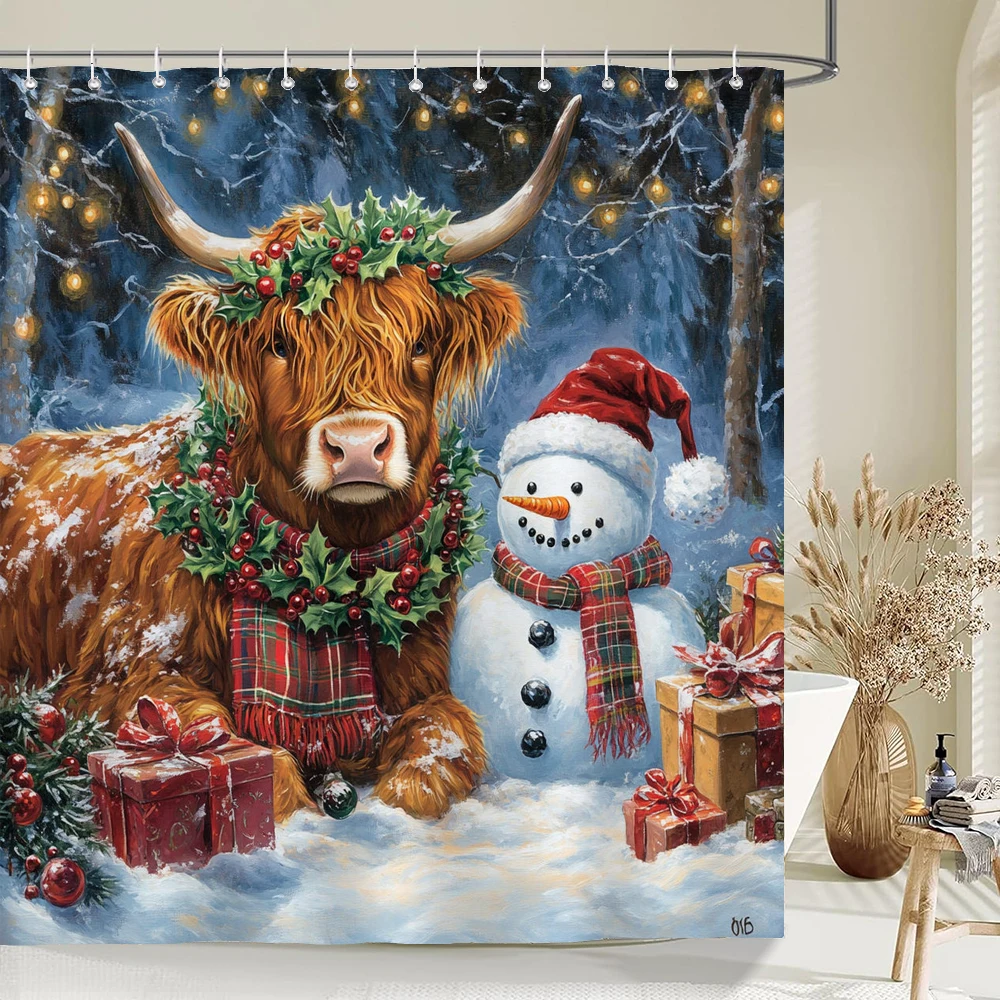

Christmas Shower Curtain, Bathroom Decorative Christmas highland cattle Shower Curtain, Waterproof Shower Curtain with Hooks