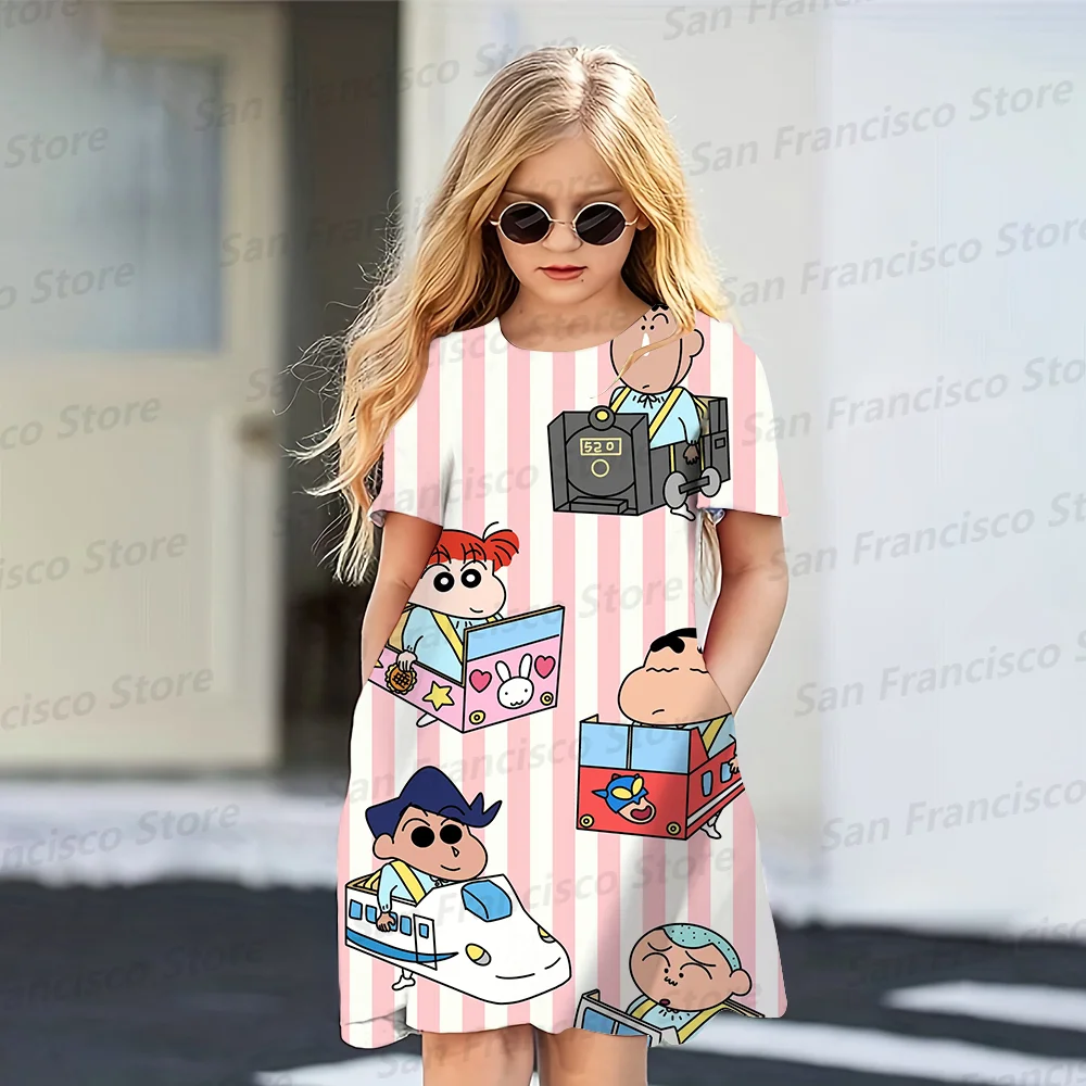 

New Summer Crayon Shin-chan&Friends Pink Vertical Stripes3D Full Print Cute Cartoon Girl Dress Casual Light Pajamas KID/Adult