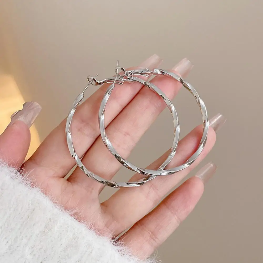Diameter 40mm Sweet Cool Style~Round Twisted 925 Silver Needle Cold High End Circle Earrings for Women A021