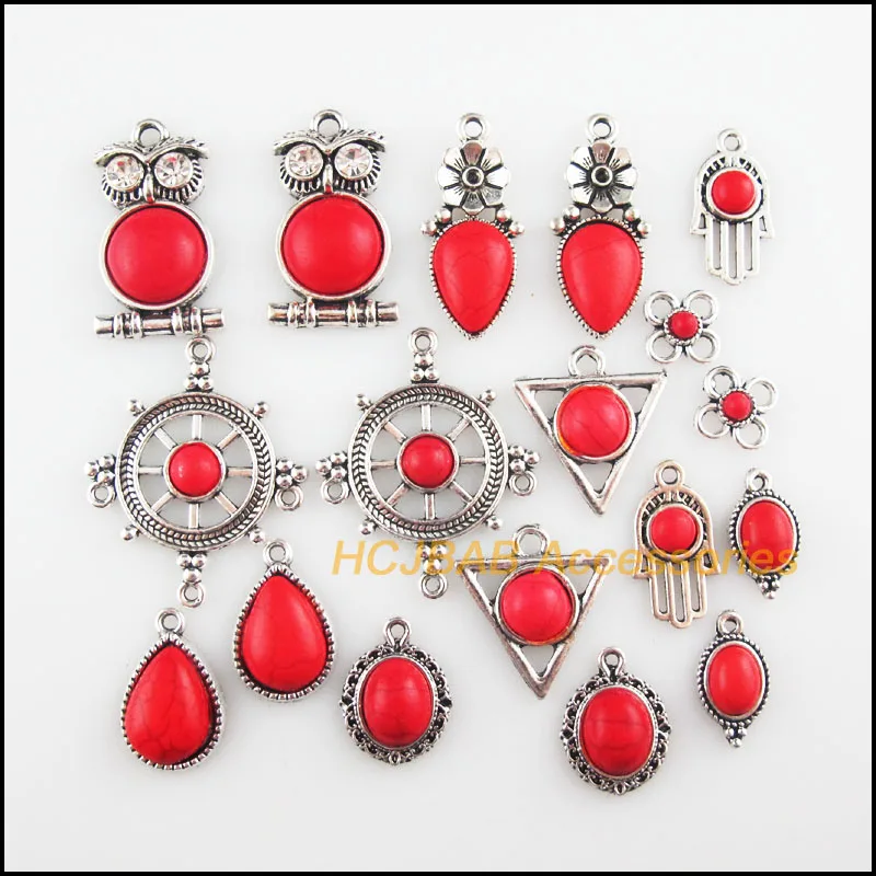 Retro Tibetan Silver Plated Animal Triangle Flower Palm Teardrop Oval Red Turquoise Stone Charms Pendants