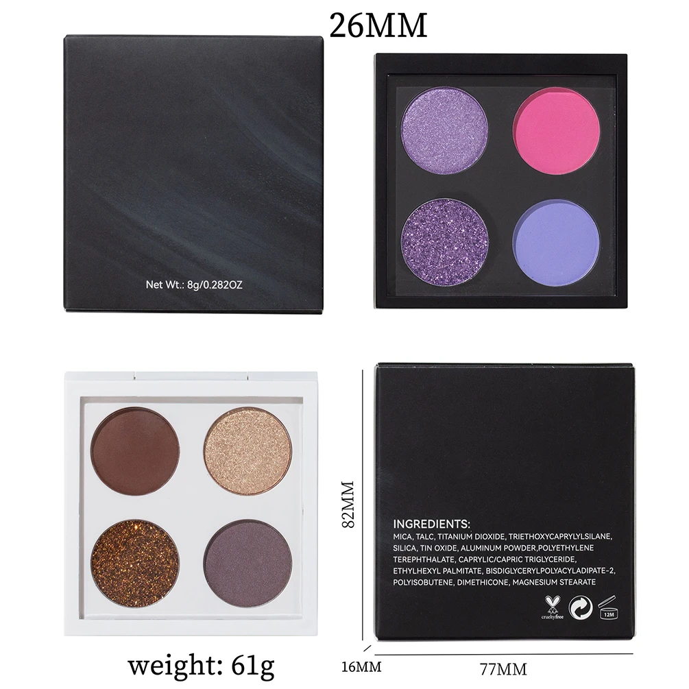 Paleta de sombras com 4 cores, marca própria, 4 cores, logotipo personalizado, sombras foscas brilhantes, faça você mesmo, iluminar, maquiagem à prova d'água de alto brilho