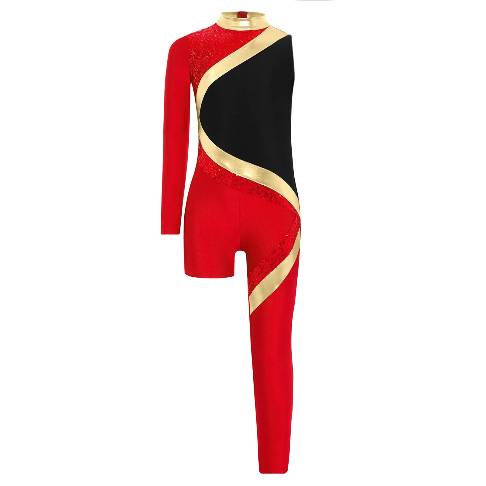 Kids Girls Gymnastics Leotards Shiny Sequins Asymmetrical Jumpsuit Ballet Dance Skating Acrobatics Yoga Performance Costume