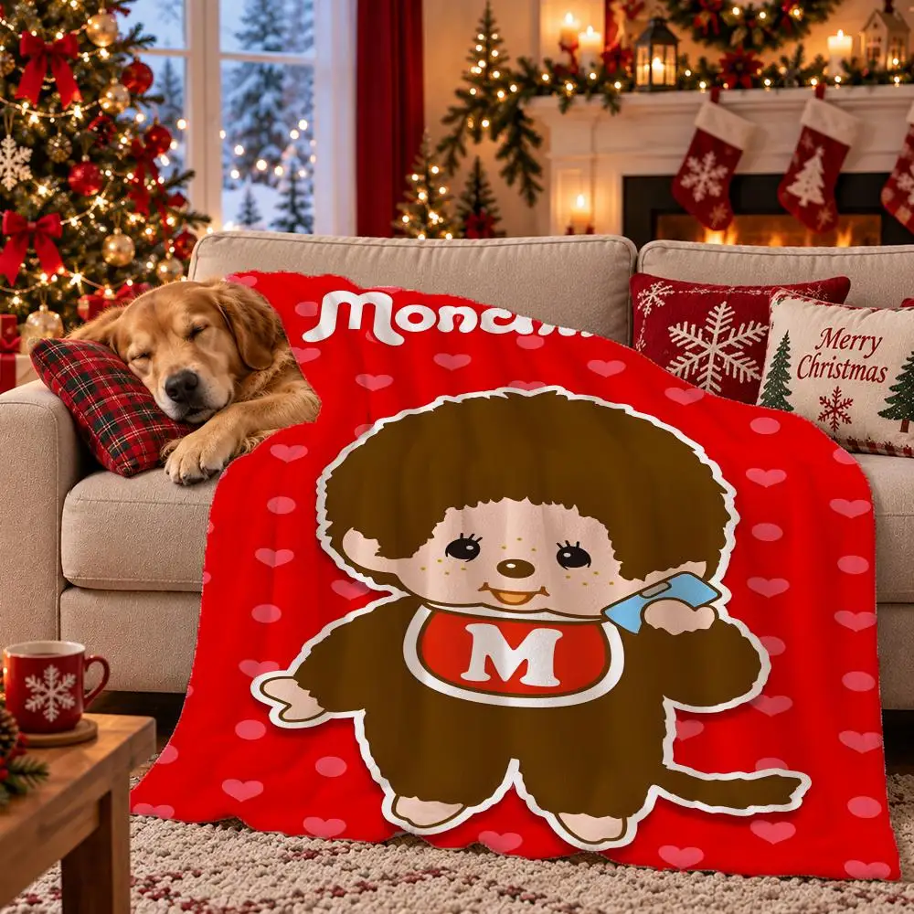 Character Monchhichi Throw Flannel Pet Blanket Cover Warm Soft Multifunctional Throw Universal  Bedsqread Holiday Gifts