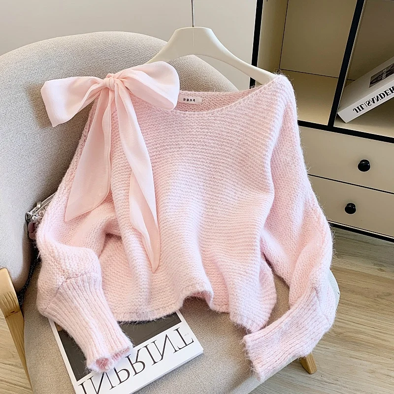 

Милый корейский свободный вязаный женский свитер с бантом, осеннее новое поступление, блестящий трикотаж