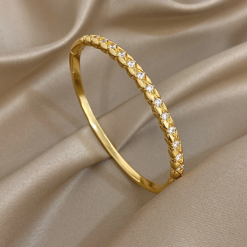 

Freetry Simple Sparkling Zircon Gold Plated Bangle Bracelet Women Exquisite Geometric Round Thin Bracelet Luxury Jewelry Gifts