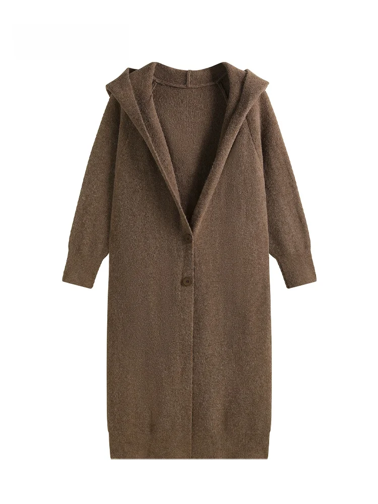 

Женский свободный длинный вязаный кардиган JZZDEMM с капюшоном, осенне-зимний модный трикотаж, повседневный свитер-пальто в винтажном стиле на пуговицах