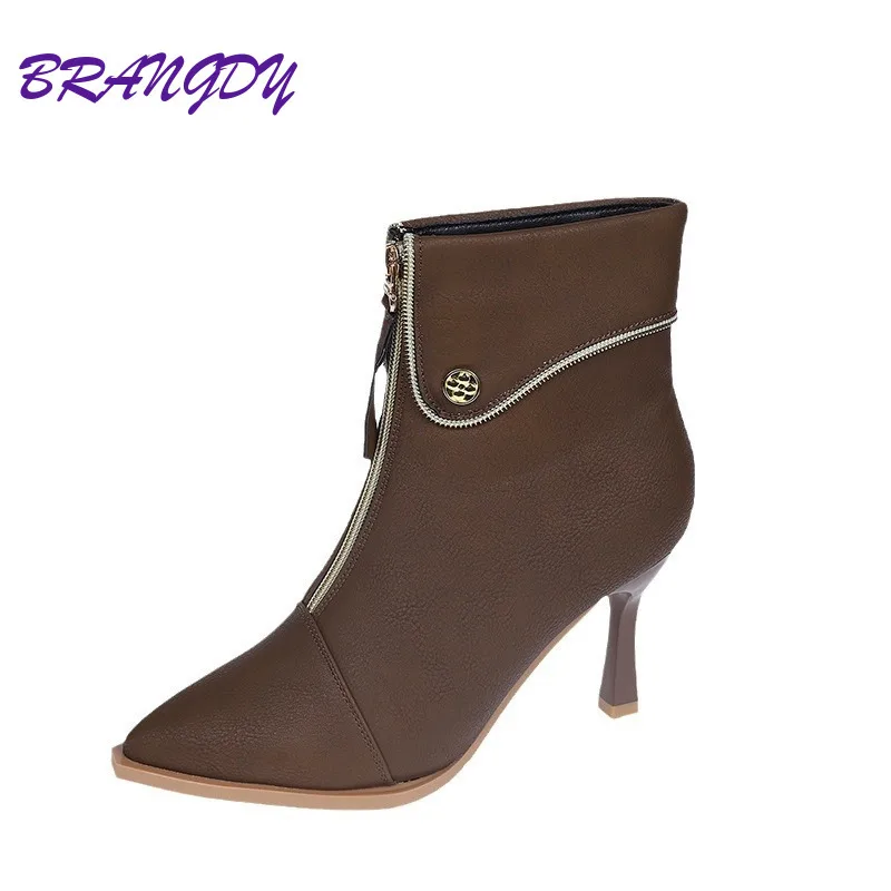 

BRANGDY Thin Heeled Pointed Short Boots Feminine Temperament Autumn And Winter New Style Front Zipper High Heels Women's Shoes