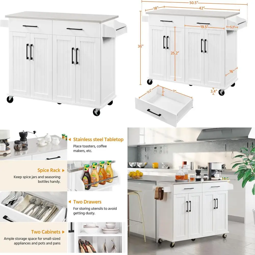Portable Stainless Steel Countertop Kitchen Island Cart with Storage, Adjustable Shelf and Wheels for Added Convenience