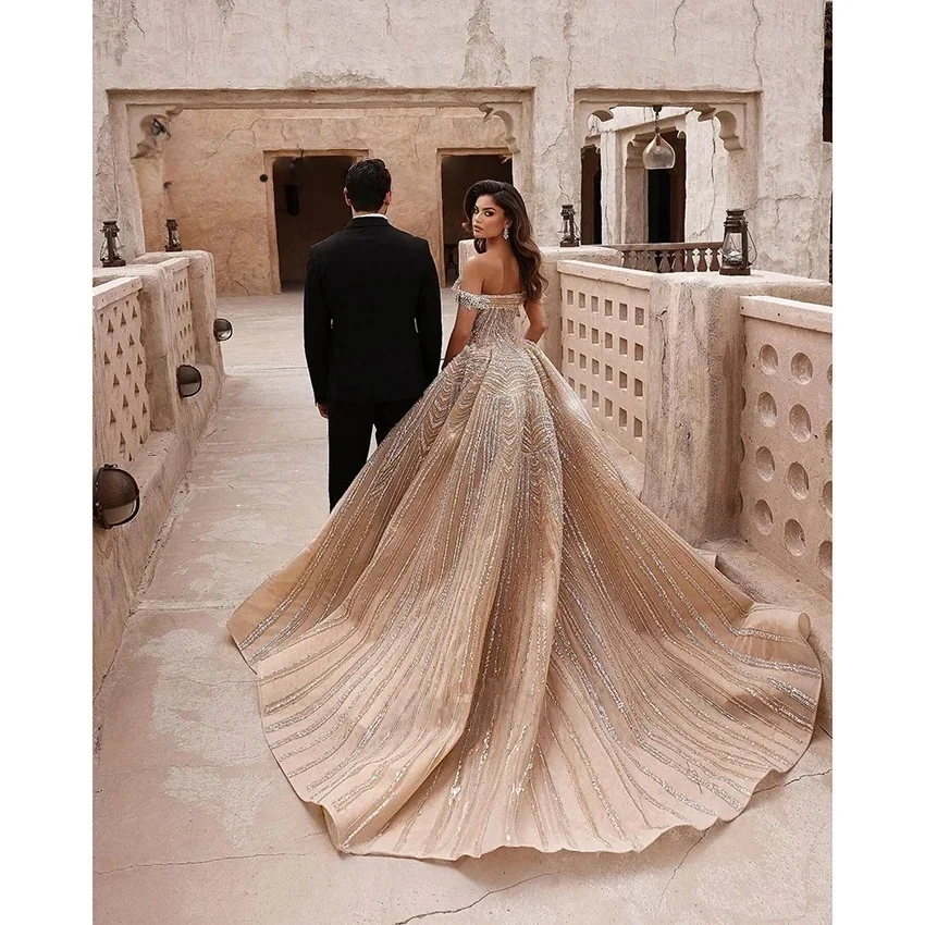 Champagne Wedding Dresses Off The Shoulder Beaded Detachable Bridal Gown Saudi Arabia Dubai Islamic Vestido De Noiva Customized