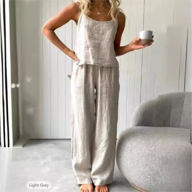 Women's Small Fragrant Style Linen Suspender Button Top Trousers Two-piece Set Summer Simple Casual Vest Wide-leg Pants Suits