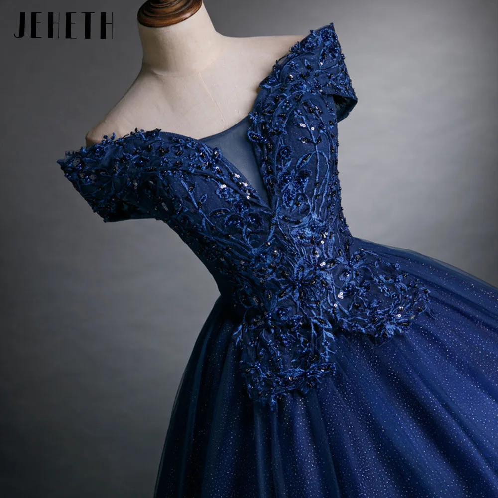 JEHETH Navy Blue Bling Prom Dress Off the Shoulder Sleeves Evening Party Gown for Women Lace Up Lace Appliques