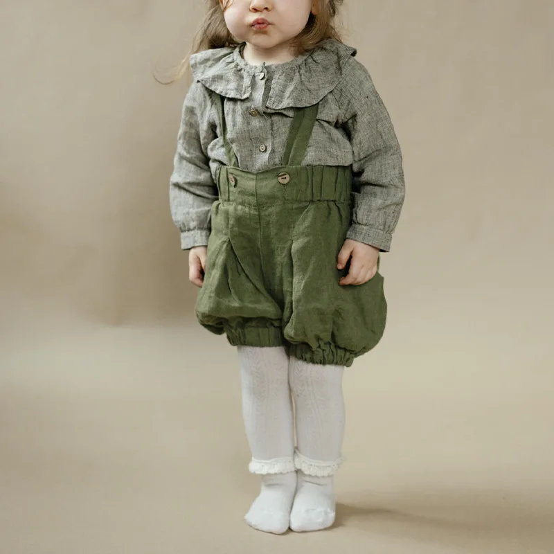 

Casual Linen Cotton Kids Jumpsuit 2025 Summer New Cute Loose Buttons Adjustable Straps Children's Baby Overalls