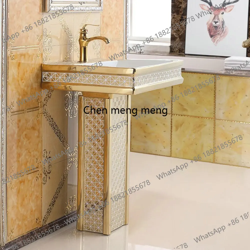 

Gold Modern Stylish Round Washbasin Ceramic Bathroom Sink With Stand Pedestal Sink