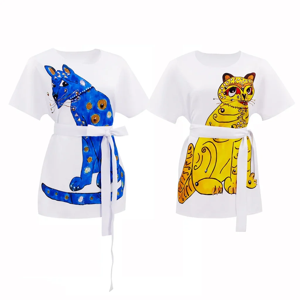 ABBA Agnetha Faltskog Cosplay Anni Frid Cosplay ABBA Cat Print Dress Vintage T-shirt Casual