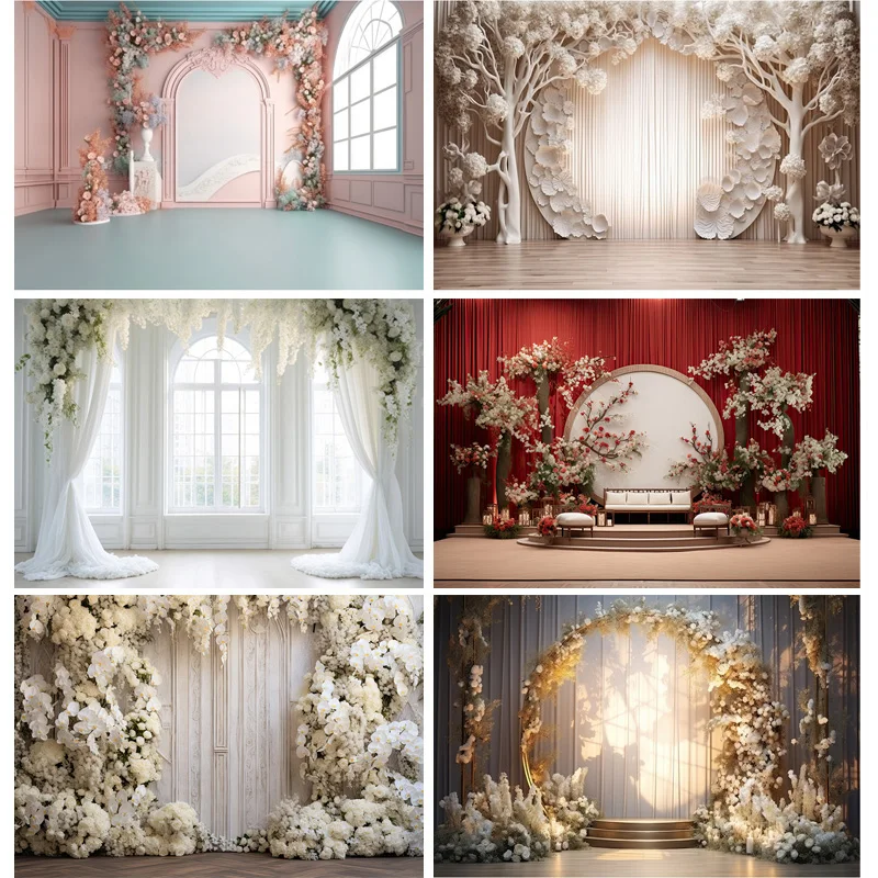 

Fantasy Wedding Stage Photography Backdrops Flower Arch Background Banner Interior Curtain Decorated Photo Studio Props SG-04