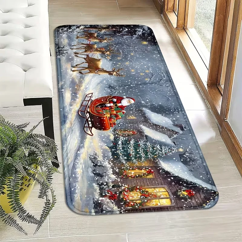 Merry Christmas Santa Claus Runner Rug Soft Long Floor Mat Candy Cane Snowflake Hallway Kitchen Bedroom Holiday Decor Rug