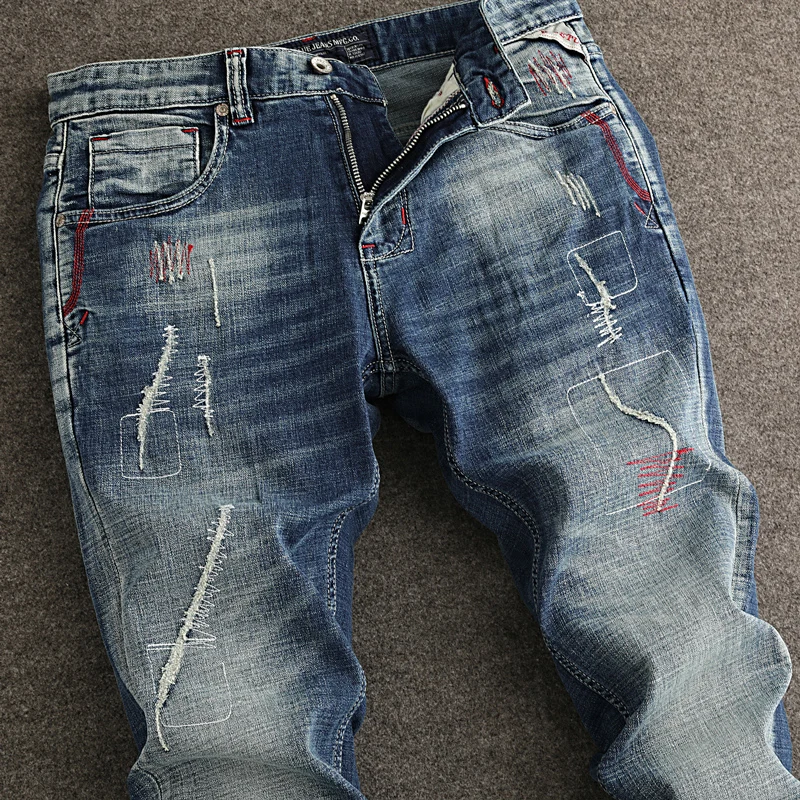 Street Fashion Men Jeans High Quality Retro Blue Stretch Slim Fit Ripped Jeans Men Embroidery Designer Vintage Denim Pants Homme