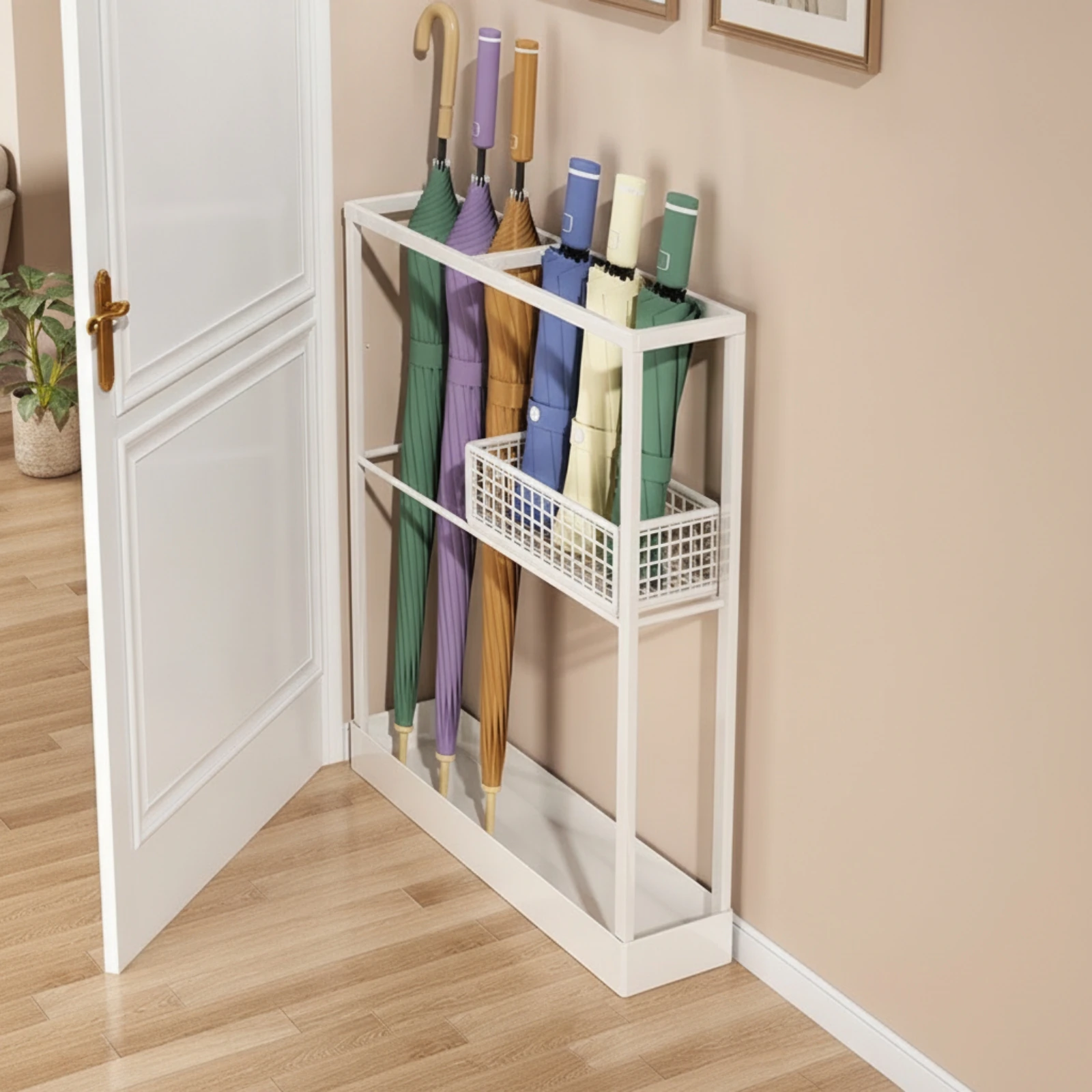 Umbrella Holder with Basket Slim Umbrella Stand Cane Holder Compact Minimalist for Entryway, Doorway