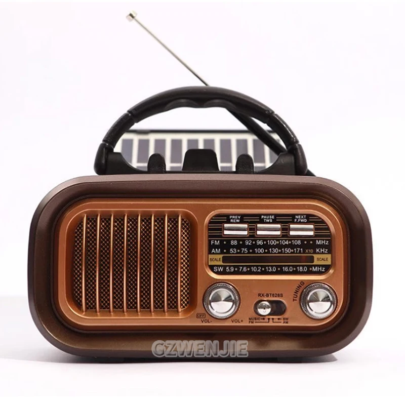 

628BT AM FM Radio Operated By USB Cable/Solar Panels Rechargeable Excellent Reception Portable Multi-function Retro Speaker