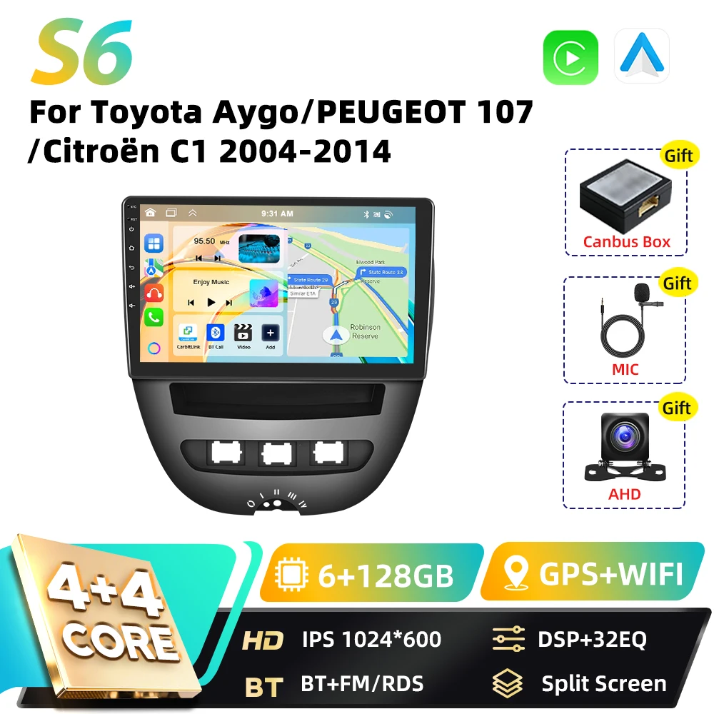Podofo 8-Core Carplay 2DIN Android autoradio voor Toyota Aygo 2004-2014, Peugeot 107, Citroën C1, Snapdragon GPS FM RDS