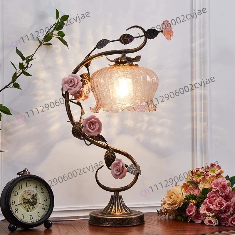 French vintage art table lamp vintage pastoral rose ambiance lamp bedroom living room nightstand lamp