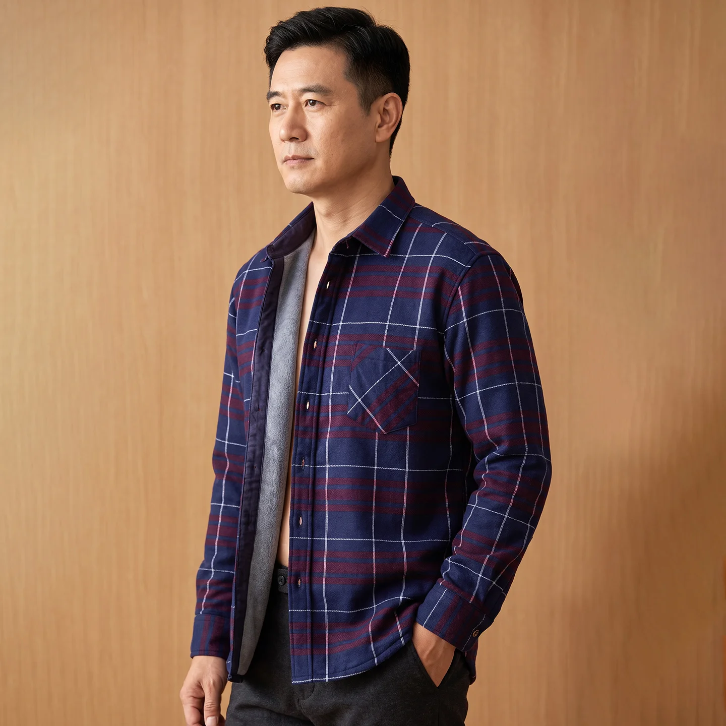 Men's long-sleeved button-down sweater, double-sided fleece, warm, wrinkle-resistant, casual and comfortable, streetwear style