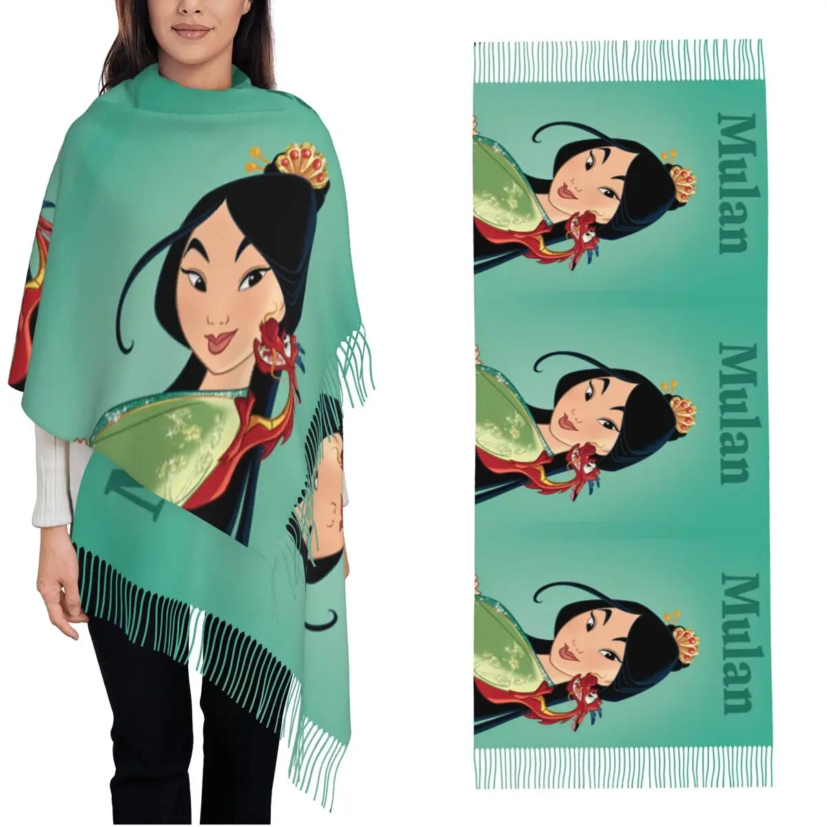 Mulan Princess Beaty Cartoon Shawl Wraps for Ladies Warm Large Soft Scarf Cute Mushu Pashminas Tassel Scarves