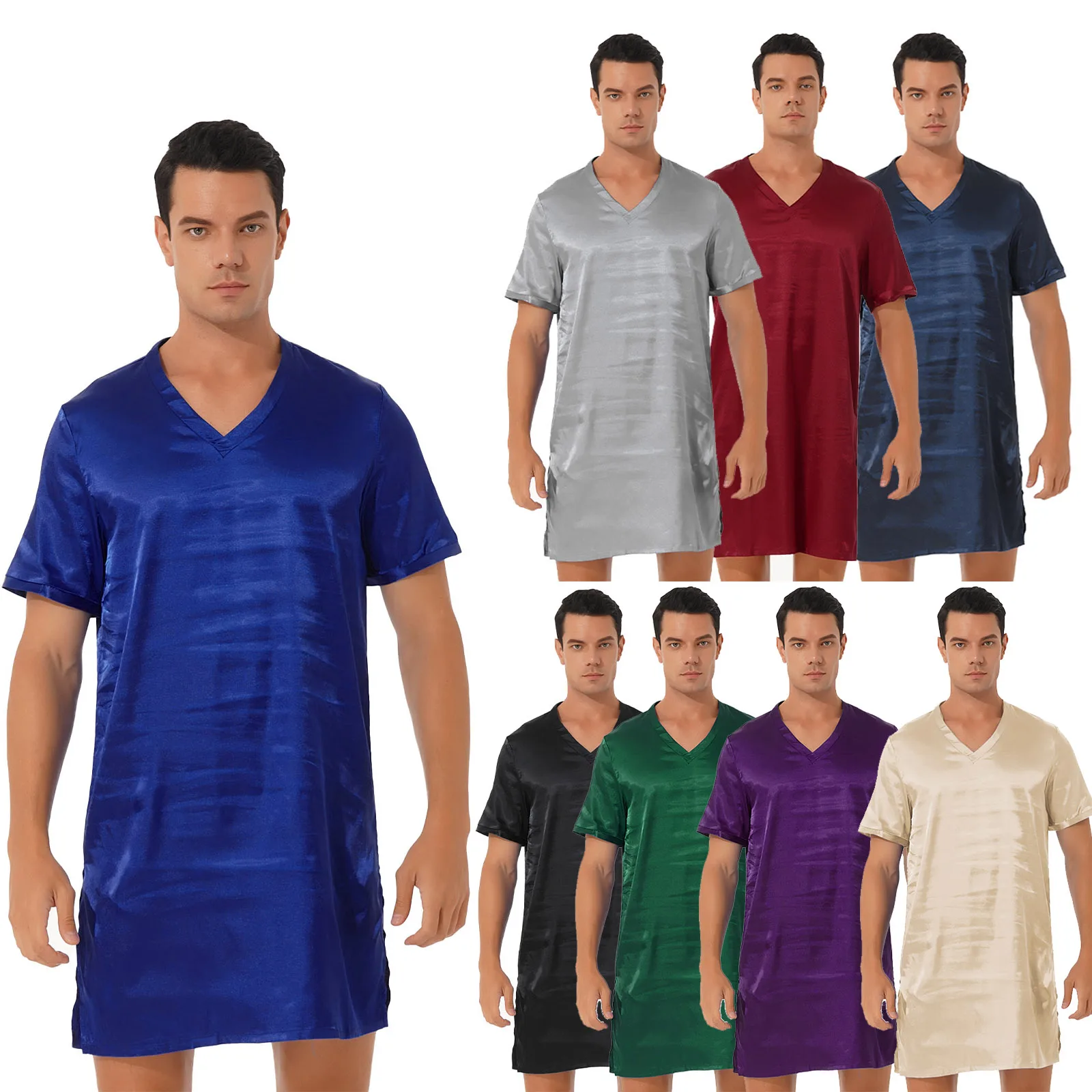 Indumenti da notte in raso da uomo top camicia da notte camicia da notte pigiama abito manica corta intimo Homewear lati Split Sleep Tops top Nightwear