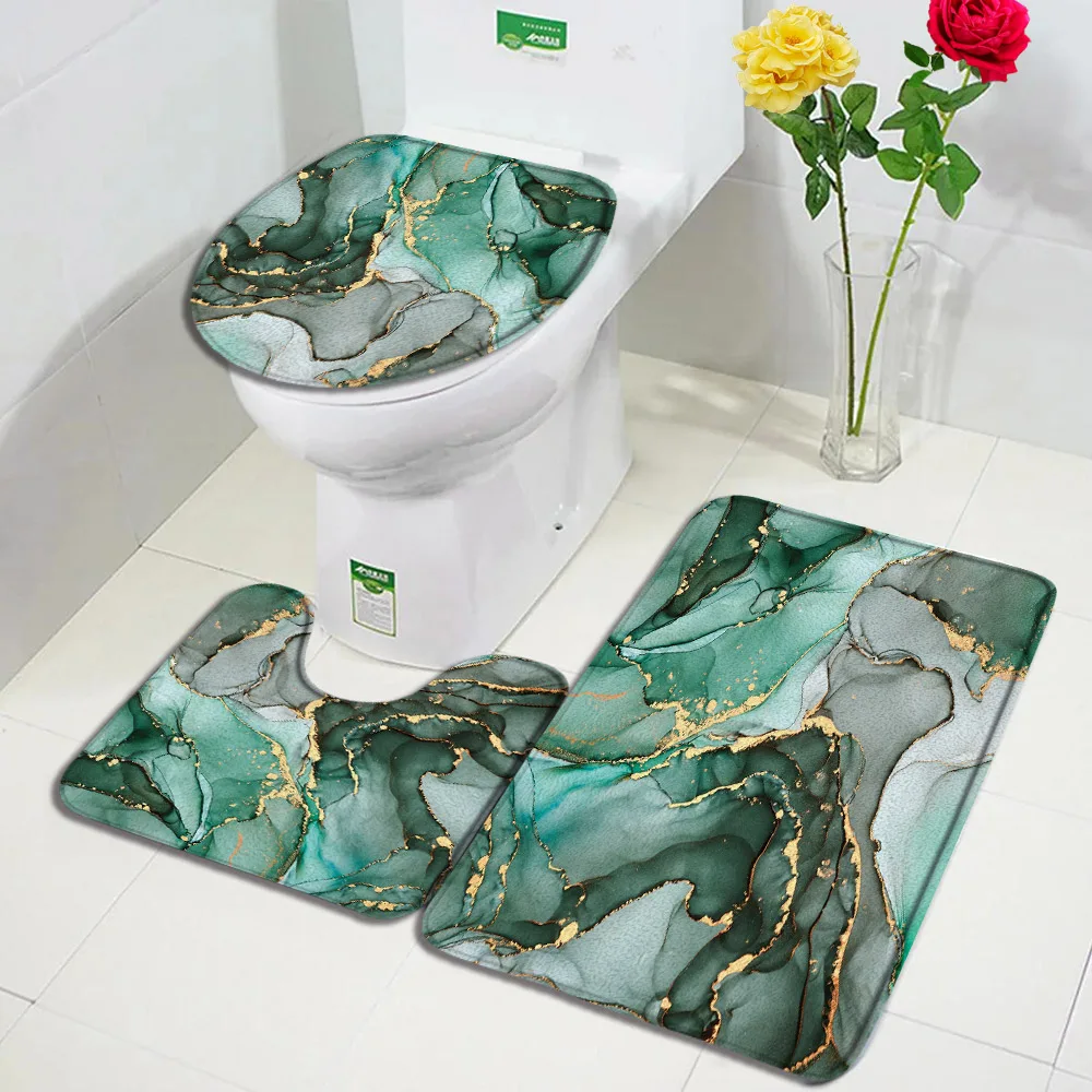 Abstract Marble Bath Mat Set Gold Lines Blue Ink Texture Art Pattern Modern Home Carpet Bathroom Decor Non-slip Rug Toilet Cover