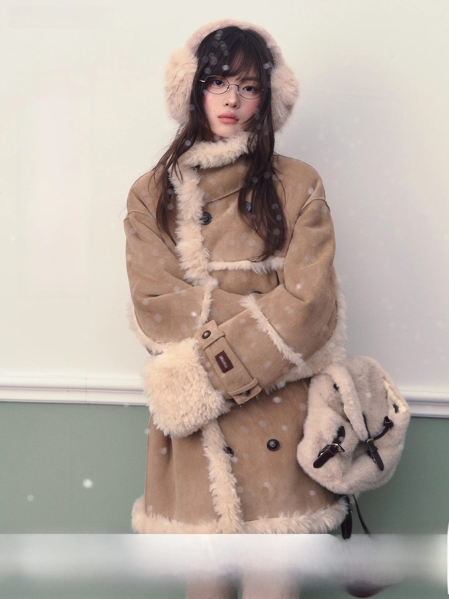 

Original Korean Sle Loose Lamb Fur Collar Suede Mid-Length Coat Soote Season Women's Faion Thiened Long Sve