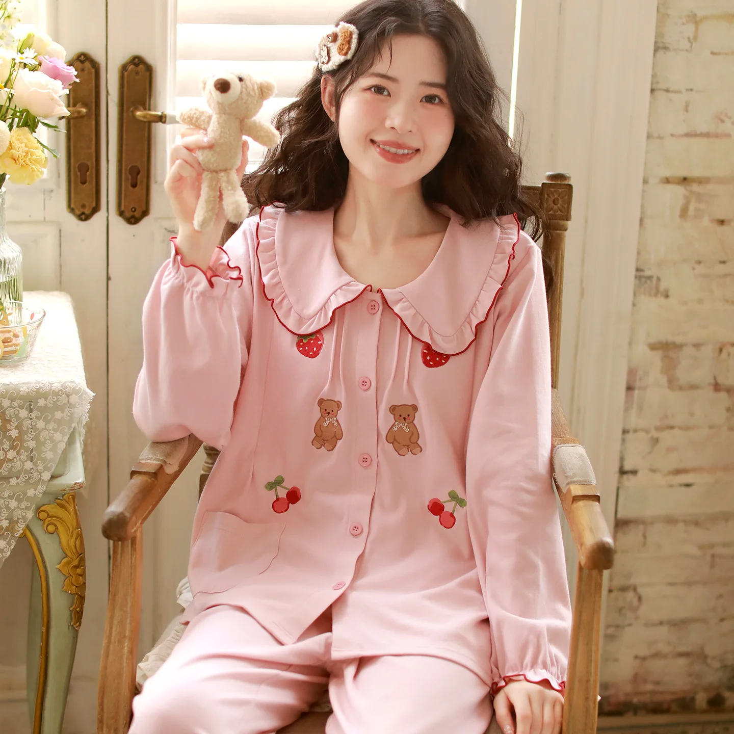 Small Fresh Postpartum Clothing Spring and Autumn Pure Cotton Pregnant Women's Pajamas Breastfeeding and Postpartum Home Clothes