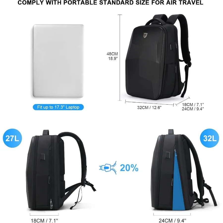 حقيبة ظهر FENRUIEN هارد شل قابلة للتوسيع ومضادة للسرقة للكمبيوتر المحمول للرجال مع منفذ USB حقيبة كمبيوتر مقاومة للماء 17.3 بوصة f #2