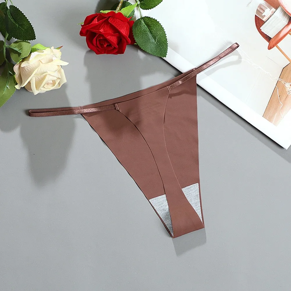 

Breathable Cotton Crotch Seamless Thongs Ice Silk Low Waist Bikini Briefs Solid Color Underpants T-back Panties Underwear