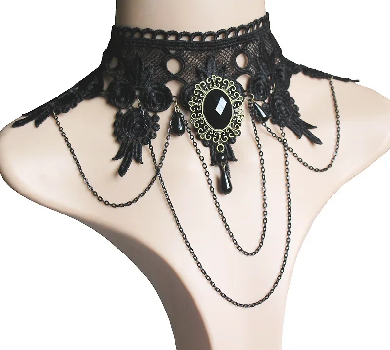 fashion Gothic Victorian Black Lace Necklace Women Girl Boho Crystal Tassel Sexy Choker Steampunk Style Halloween Jewelry