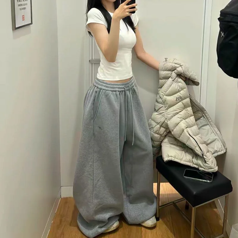 Retro Lazy Style Wide Leg Sweatpants Loose Sporty Floor-Length Trousers Autumn Winter Casual Comfortable Long Pants