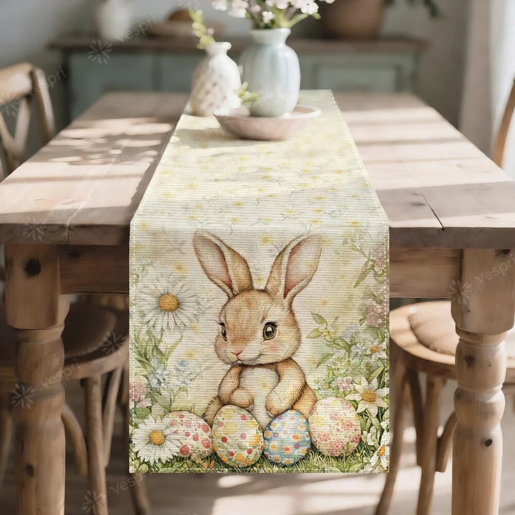 Easter Table Runner with Bunny Daisy Egg Patterns, Yellow White Spring Decor for Dining Table Party & Easter Centerpiece