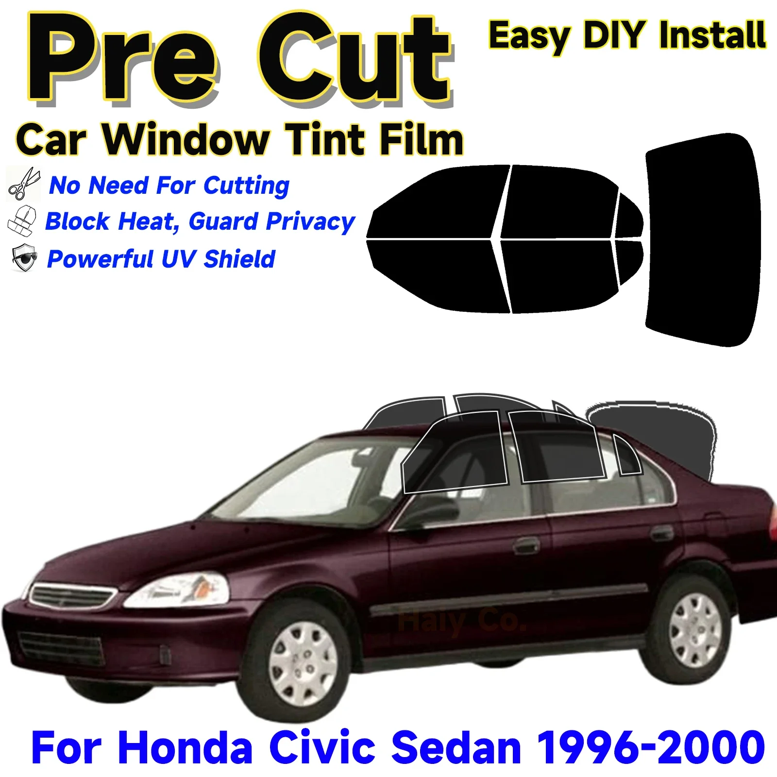 Reusable Removable EPU Precut Window Tint, Custom Fit for Honda Civic Sedan 1996‑2000, Automotive UV & Heat Barrier Protection